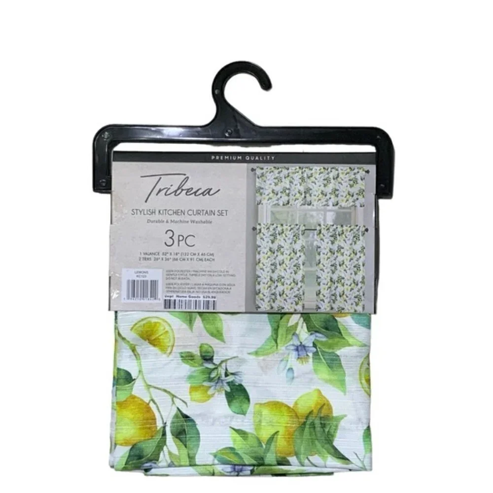 Tribeca Cafe Curtain Set Lemon Print 3 Piece Tier Set Fruit Floral White Yellow